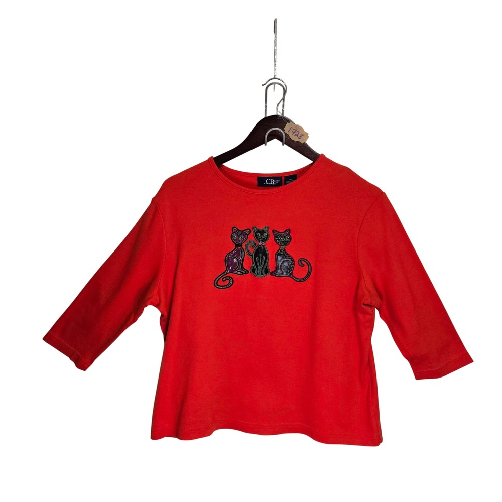 Vintage 90s CB Casual Petite Red Cotton Cat Graphic Beaded Top PL